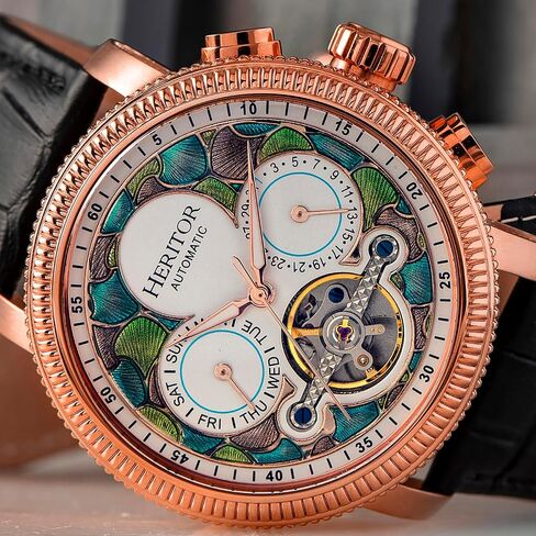 HERITOR Automatic Jeweled Automatic Movement 316L Surgical-Quality Stainless Steel Case/Sapphire-Coated Mineral Crystal and Leather Watch(Model: HERHR3503) in Saudi Arabia