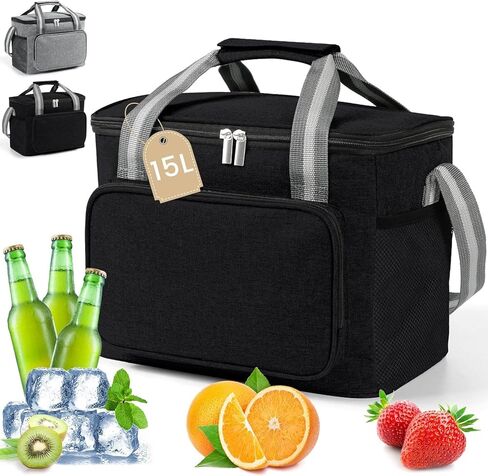 حقيبة مبردة معزولة لـ 24CAN (15L) ، كيس حراري قابل لإعادة الاستخدام ، منظم كيس برودة قابل للتجميد قابل للتجميد مع النساء القابل للتعديل للنساء المكتبي عمل نزهة الشاطئ ، الأسود in Kuwait