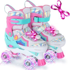 BELEEV Kids Roller Skates للفتيات، زلاجات رباعية قابلة للتعديل مقاس 4 مع 8 عجلات LED مضيئة ورباط أحذية إضافي، آمنة وممتعة للأطفال الصغار والمبتدئين، عيد ميلاد مثالي in Kuwait