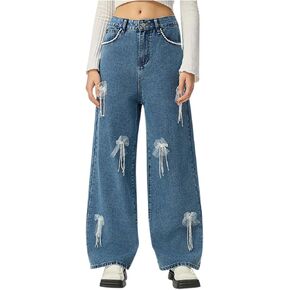 Jeans for Women Trendy High Waisted Wide Leg Jeans Casual Straight Leg Boyfriend Denim Pants with Cute Bowknot in Kuwait