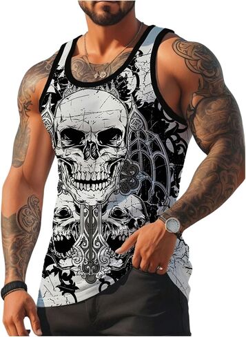 Wdirara Men's Gothic Skull Print Tank Top Ocleveless Crew Neck Tops Tops Workout Tops in Kuwait