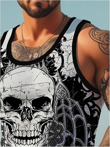 Wdirara Men's Gothic Skull Print Tank Top Ocleveless Crew Neck Tops Tops Workout Tops in Kuwait
