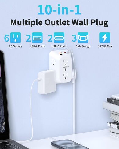 USB Wall Charger Surge Protector, HOPOW 6 Outlet Extender with 4 USB Charging Ports (2 USB C), 3-Sided 1050J Multi Plug Wall Outlet, Wall Mount for Home Travel Office, Black in Saudi Arabia