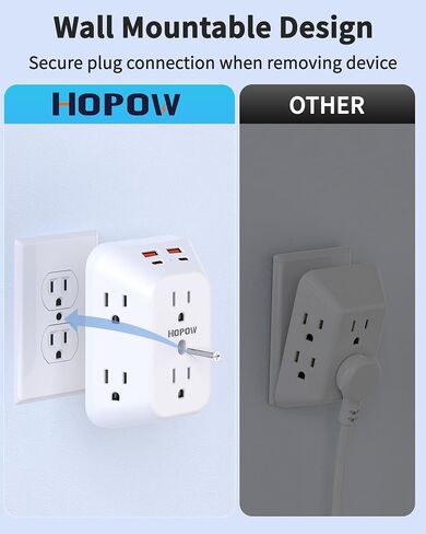 USB Wall Charger Surge Protector, HOPOW 6 Outlet Extender with 4 USB Charging Ports (2 USB C), 3-Sided 1050J Multi Plug Wall Outlet, Wall Mount for Home Travel Office, Black in Saudi Arabia