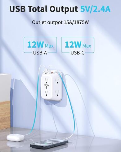 USB Wall Charger Surge Protector, HOPOW 6 Outlet Extender with 4 USB Charging Ports (2 USB C), 3-Sided 1050J Multi Plug Wall Outlet, Wall Mount for Home Travel Office, Black in Saudi Arabia