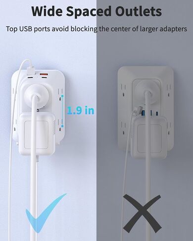 USB Wall Charger Surge Protector, HOPOW 6 Outlet Extender with 4 USB Charging Ports (2 USB C), 3-Sided 1050J Multi Plug Wall Outlet, Wall Mount for Home Travel Office, Black in Saudi Arabia