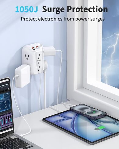 USB Wall Charger Surge Protector, HOPOW 6 Outlet Extender with 4 USB Charging Ports (2 USB C), 3-Sided 1050J Multi Plug Wall Outlet, Wall Mount for Home Travel Office, Black in Saudi Arabia