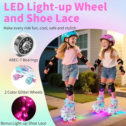 BELEEV Kids Roller Skates للفتيات، زلاجات رباعية قابلة للتعديل مقاس 4 مع 8 عجلات LED مضيئة ورباط أحذية إضافي، آمنة وممتعة للأطفال الصغار والمبتدئين، عيد ميلاد مثالي in Kuwait
