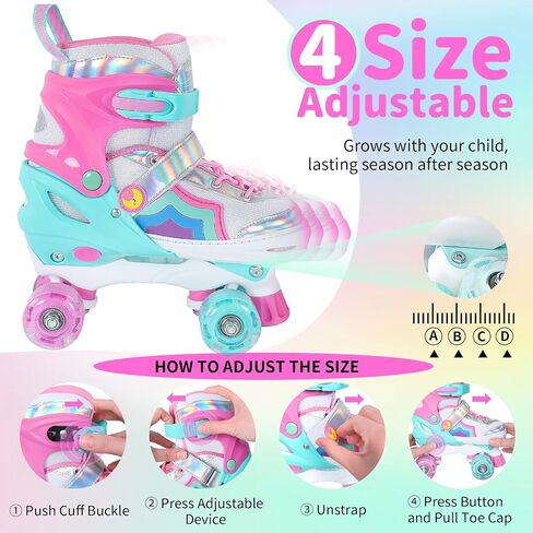 BELEEV Kids Roller Skates للفتيات، زلاجات رباعية قابلة للتعديل مقاس 4 مع 8 عجلات LED مضيئة ورباط أحذية إضافي، آمنة وممتعة للأطفال الصغار والمبتدئين، عيد ميلاد مثالي in Kuwait