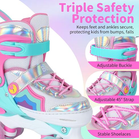 BELEEV Kids Roller Skates للفتيات، زلاجات رباعية قابلة للتعديل مقاس 4 مع 8 عجلات LED مضيئة ورباط أحذية إضافي، آمنة وممتعة للأطفال الصغار والمبتدئين، عيد ميلاد مثالي in Kuwait