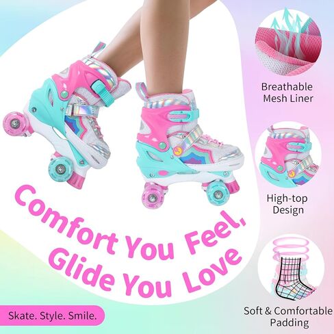 BELEEV Kids Roller Skates للفتيات، زلاجات رباعية قابلة للتعديل مقاس 4 مع 8 عجلات LED مضيئة ورباط أحذية إضافي، آمنة وممتعة للأطفال الصغار والمبتدئين، عيد ميلاد مثالي in Kuwait