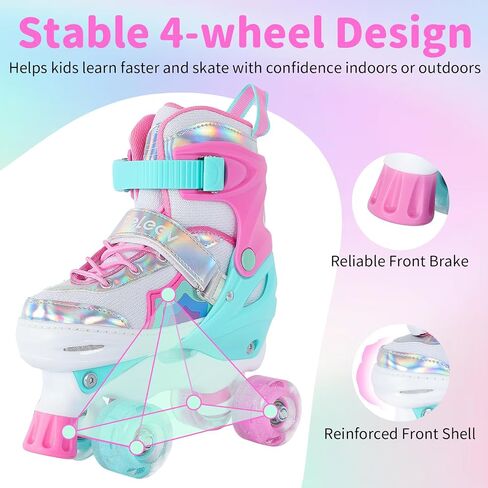 BELEEV Kids Roller Skates للفتيات، زلاجات رباعية قابلة للتعديل مقاس 4 مع 8 عجلات LED مضيئة ورباط أحذية إضافي، آمنة وممتعة للأطفال الصغار والمبتدئين، عيد ميلاد مثالي in Kuwait