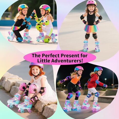 BELEEV Kids Roller Skates للفتيات، زلاجات رباعية قابلة للتعديل مقاس 4 مع 8 عجلات LED مضيئة ورباط أحذية إضافي، آمنة وممتعة للأطفال الصغار والمبتدئين، عيد ميلاد مثالي in Kuwait
