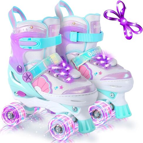 BELEEV Kids Roller Skates للفتيات، زلاجات رباعية قابلة للتعديل مقاس 4 مع 8 عجلات LED مضيئة ورباط أحذية إضافي، آمنة وممتعة للأطفال الصغار والمبتدئين، عيد ميلاد مثالي in Kuwait