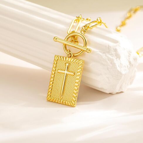 Moodear Gold/Sliver Cross Pendant Necklace for Women Trendy Chunky Cross Necklace Toggle Clasp Paperclip Chain Dainty Charm Necklace for Women Fashion Religious Simple Jewelry Gift in Saudi Arabia