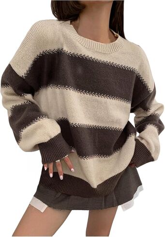 SweatyRocks Women's Striped Sweater Crew Neck Long Sleeve Loose Vintage Pullover Sweaters in Kuwait
