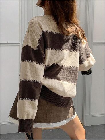 SweatyRocks Women's Striped Sweater Crew Neck Long Sleeve Loose Vintage Pullover Sweaters in Kuwait