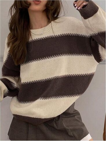 SweatyRocks Women's Striped Sweater Crew Neck Long Sleeve Loose Vintage Pullover Sweaters in Kuwait