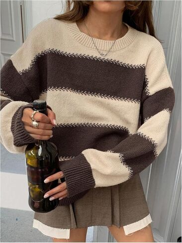 SweatyRocks Women's Striped Sweater Crew Neck Long Sleeve Loose Vintage Pullover Sweaters in Kuwait