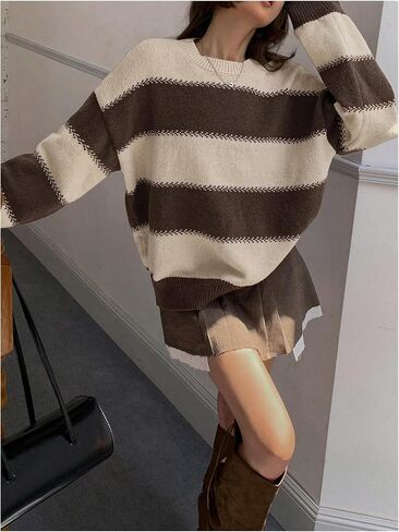 SweatyRocks Women's Striped Sweater Crew Neck Long Sleeve Loose Vintage Pullover Sweaters in Kuwait