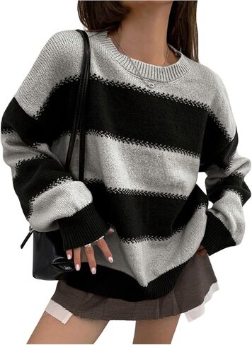 SweatyRocks Women's Striped Sweater Crew Neck Long Sleeve Loose Vintage Pullover Sweaters in Kuwait
