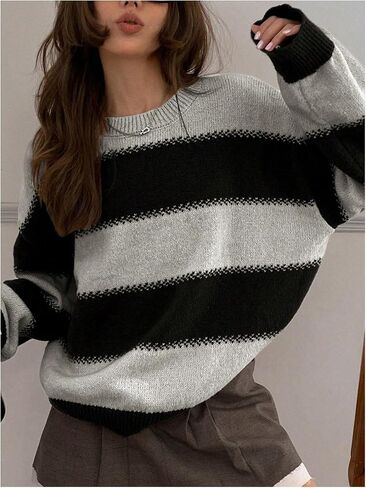 SweatyRocks Women's Striped Sweater Crew Neck Long Sleeve Loose Vintage Pullover Sweaters in Kuwait