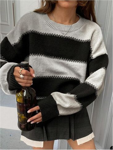 SweatyRocks Women's Striped Sweater Crew Neck Long Sleeve Loose Vintage Pullover Sweaters in Kuwait
