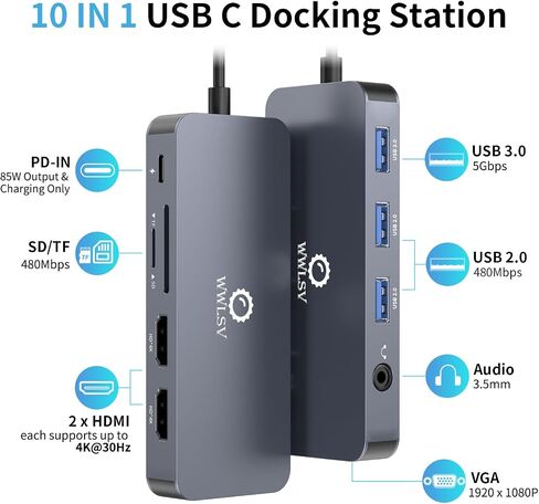 محطة الإرساء Dual STATION DUAL MONTORD لـ MacBook/Dell/HP/Lenovo المحمول ، محول HDMI مزدوج 4K لشاشات 2 ، 14-in-1 USB C HUB ، محطة إرساء USB C مع USB 3.1/100W PD/Ethernet/SD/TF/AUDIO/MIC in Kuwait