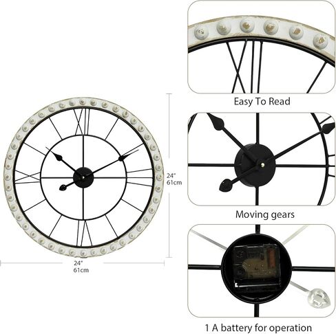 24 Inch Vintage Iron Metal Frame Wall Clock Silent, Battery Operated, Elegant Retro Decor for Living Room, Kitchen, Office, Dining Room, and Bedroom in Saudi Arabia