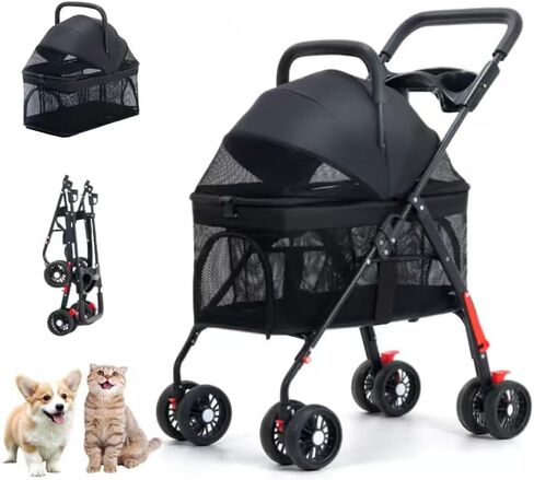 Pet Stroller with 3 Wheels, Stroller for Small/Medium Dogs Cats, One-Touch Folding, Lightweight, Cup Holder+Storage Basket, Removable Liner, Safety Tether (Black) in Saudi Arabia