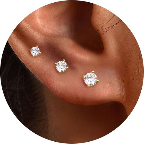 14K Gold Stud Earrings For Women Hypoallergenic - 𝟵𝟮𝟱 𝗦𝘁𝗲𝗿𝗹𝗶𝗻𝗴 𝗦𝗶𝗹𝘃𝗲𝗿 Post Small Earrings Stacks For Sensitive Ears Trendy Dainty Cute Cubic Zirconia Heart Flower Cartilage Tragus Earring Sets For Multiple Piercing Jewelry 3Pairs in Saudi Arabia