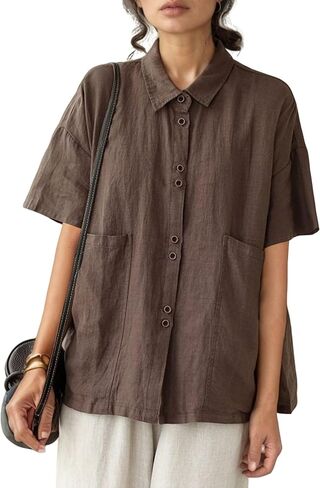 زر كتان Qibabu أسفل قميص للنساء نصف الأكمام بلوزات الصيف الصيفية in Kuwait