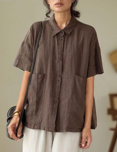 زر كتان Qibabu أسفل قميص للنساء نصف الأكمام بلوزات الصيف الصيفية in Kuwait