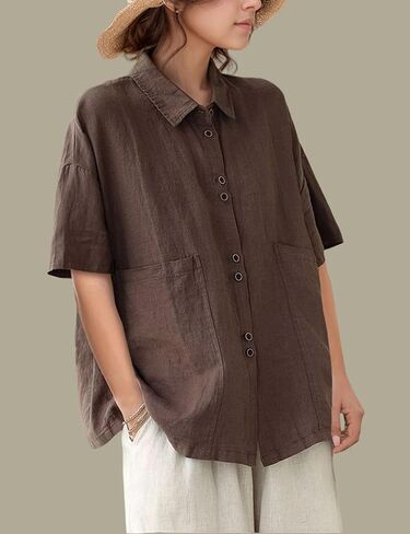 زر كتان Qibabu أسفل قميص للنساء نصف الأكمام بلوزات الصيف الصيفية in Kuwait