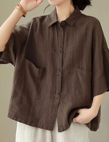 زر كتان Qibabu أسفل قميص للنساء نصف الأكمام بلوزات الصيف الصيفية in Kuwait