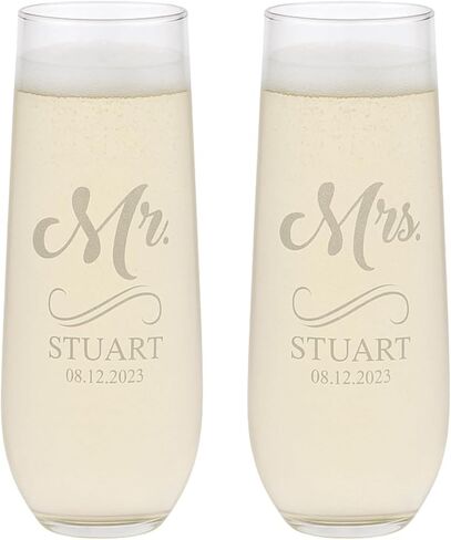 Gifts Inscribed Personalized Champagne Glasses Set of 2 – Engraved Mr and Mrs Champagne Flutes – Custom Stemmed Glassware Gift for Wedding, Engagement, Anniversary, Bridal Party in Saudi Arabia