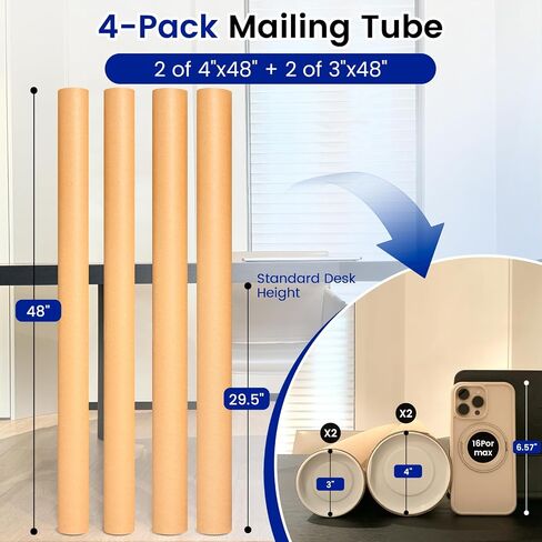 4-Pack Mailing Tubes with Caps, Kraft Paper Cardboard Storage Tubes for Shipping, Prints, Documents, Crafts & Golf Clubs (4in*36in, 3in*36in) in Kuwait