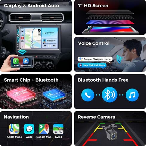 ستيريو مزدوج سيارة DIN مع شاشة تعمل باللمس 7 بوصات ، و Apple Carplay و Android Auto ، و Bluetooth ، و 240 واط ، و SWC ، وإخراج مضخم الصوت ، ومستقبل راديو سيارة FM/AM ، ورابط المرآة ، والنسخ الاحتياطي in Kuwait