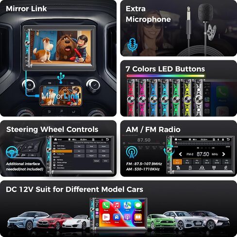 ستيريو مزدوج سيارة DIN مع شاشة تعمل باللمس 7 بوصات ، و Apple Carplay و Android Auto ، و Bluetooth ، و 240 واط ، و SWC ، وإخراج مضخم الصوت ، ومستقبل راديو سيارة FM/AM ، ورابط المرآة ، والنسخ الاحتياطي in Kuwait