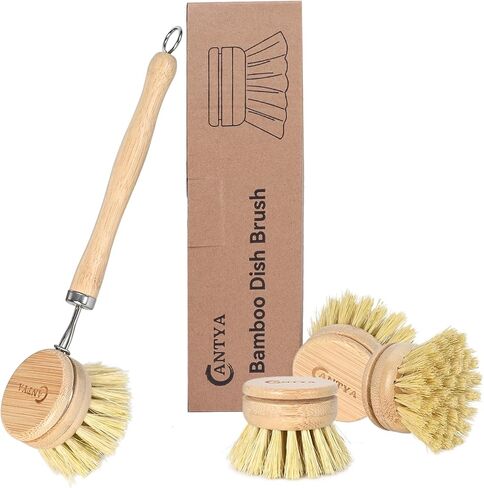 Bamboo Dish Scrubber with Handle - 4 Replacement Heads, Eco Hard Bristles Kitchen Brush, Compostable & Sustainable, Bamboo Dish Brush for Cleaning Pot Bowl and Sink in Saudi Arabia