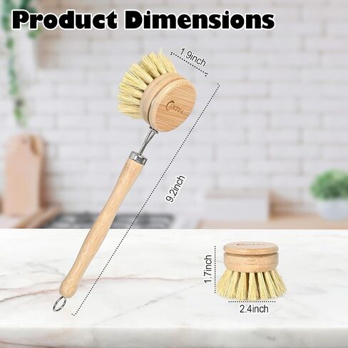 Bamboo Dish Scrubber with Handle - 4 Replacement Heads, Eco Hard Bristles Kitchen Brush, Compostable & Sustainable, Bamboo Dish Brush for Cleaning Pot Bowl and Sink in Saudi Arabia