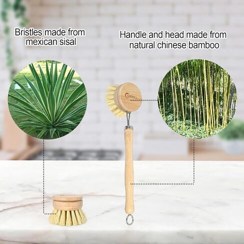Bamboo Dish Scrubber with Handle - 4 Replacement Heads, Eco Hard Bristles Kitchen Brush, Compostable & Sustainable, Bamboo Dish Brush for Cleaning Pot Bowl and Sink in Saudi Arabia