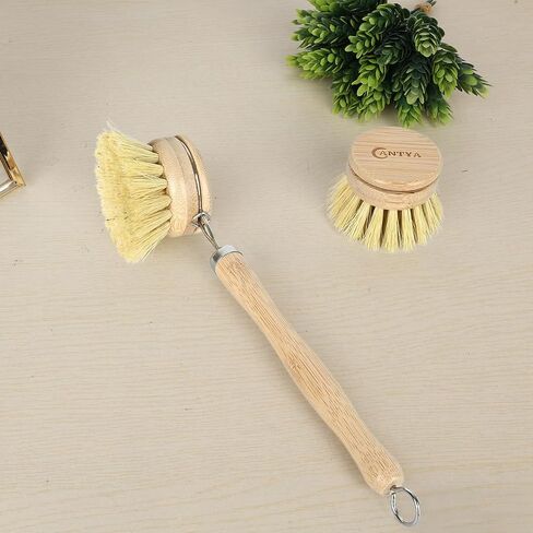Bamboo Dish Scrubber with Handle - 4 Replacement Heads, Eco Hard Bristles Kitchen Brush, Compostable & Sustainable, Bamboo Dish Brush for Cleaning Pot Bowl and Sink in Saudi Arabia