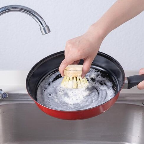 Bamboo Dish Scrubber with Handle - 4 Replacement Heads, Eco Hard Bristles Kitchen Brush, Compostable & Sustainable, Bamboo Dish Brush for Cleaning Pot Bowl and Sink in Saudi Arabia