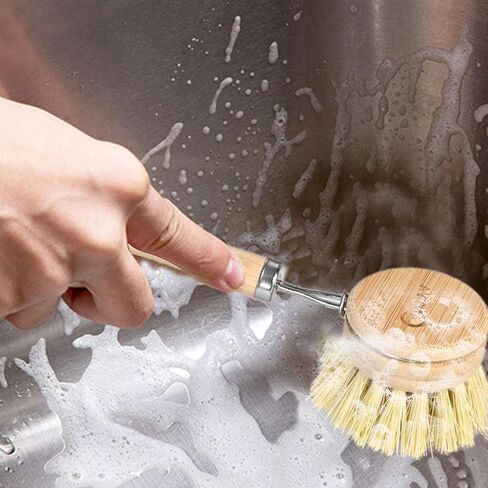 Bamboo Dish Scrubber with Handle - 4 Replacement Heads, Eco Hard Bristles Kitchen Brush, Compostable & Sustainable, Bamboo Dish Brush for Cleaning Pot Bowl and Sink in Saudi Arabia