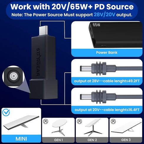 محول كابل Starlink Mini ، USB C إلى محول الطاقة المحول DC لصالح Starlink Mini ، USB C Male to DC Female for Power Scar مع 20V/65W ، 20V/100W ، 28V/140W PD POWER SOURCE in Saudi Arabia