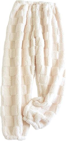 Plaid Fluffy Pants for Women Trendy Comfy Thermal Fuzzy Bottoms Winter Warm Soft Elastic Waist Fleece Loungewear in Saudi Arabia