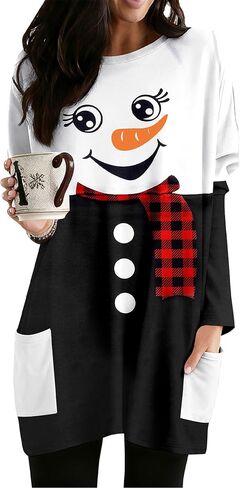 Mousya Women Dress Dress Shirt Christmas Tops Long Sleeve Tops Santa Print Pullover فضفاضة زائد الحجم بلوزة مع جيوب in Saudi Arabia