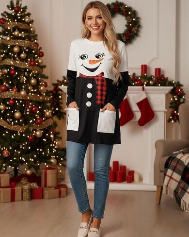 Mousya Women Dress Dress Shirt Christmas Tops Long Sleeve Tops Santa Print Pullover فضفاضة زائد الحجم بلوزة مع جيوب in Saudi Arabia