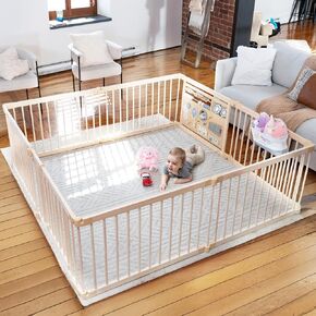 Miotetto Baby Playpen, Wooden Playpen for Babies and Toddlers, Foldable Fence with Montessori Activity Panel, Storage Basket & Gate, Portable, Easy to Assemble Baby Play Pen Natural Wood Playyard in Kuwait